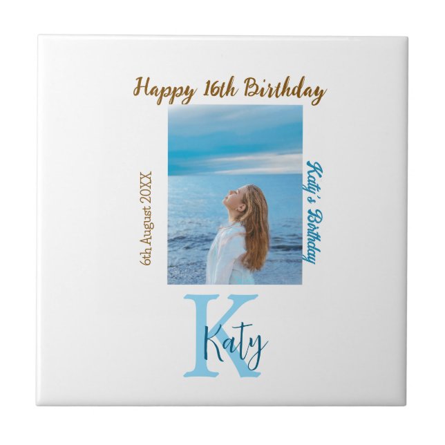Vattenblått brunt lycklig 16-årsfoto namn kakelplatta (Framsidan)