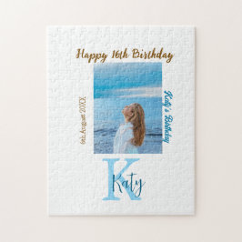 Vattenblått brunt lycklig 16-årsfoto namn pussel