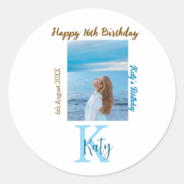 Vattenblått brunt lycklig 16-årsfoto namn runt klistermärke