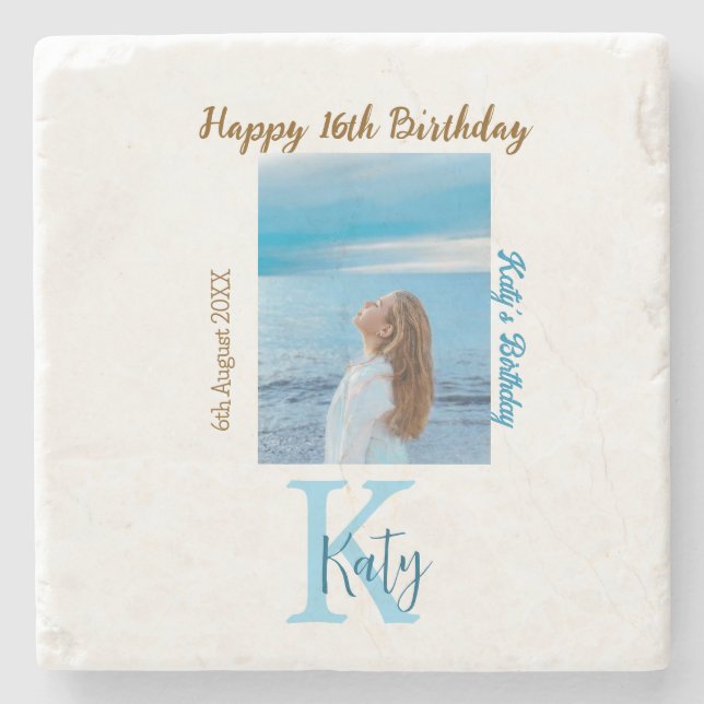 Vattenblått brunt lycklig 16-årsfoto namn stenunderlägg (Framsidan)
