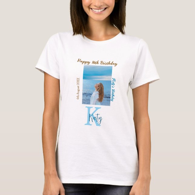 Vattenblått brunt lycklig 16-årsfoto namn t shirt (Framsida)