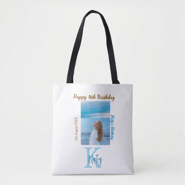 Vattenblått brunt lycklig 16-årsfoto namn tygkasse (Framsida)
