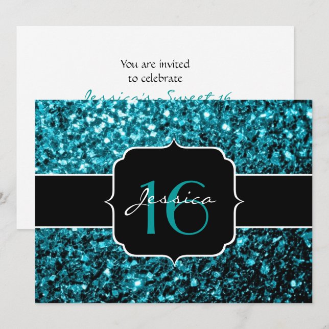 Vattenblått glitter-sparkles Sweet 16-inbjudan Inbjudningar (Fram/baksida)