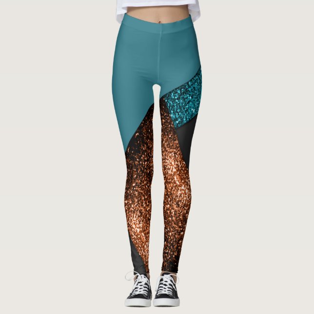 Vattenblått och bronsglitter av modern färg leggings (Framsida)