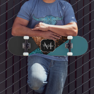 Vattenblått och bronsglitter modern Monogram Skateboard Bräda 20 Cm