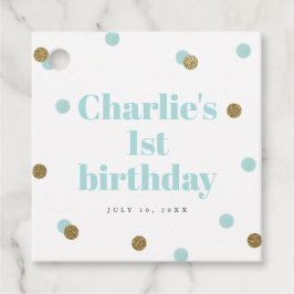 Vattenblått och guld första födelsedagsfesten gåvor etiketter