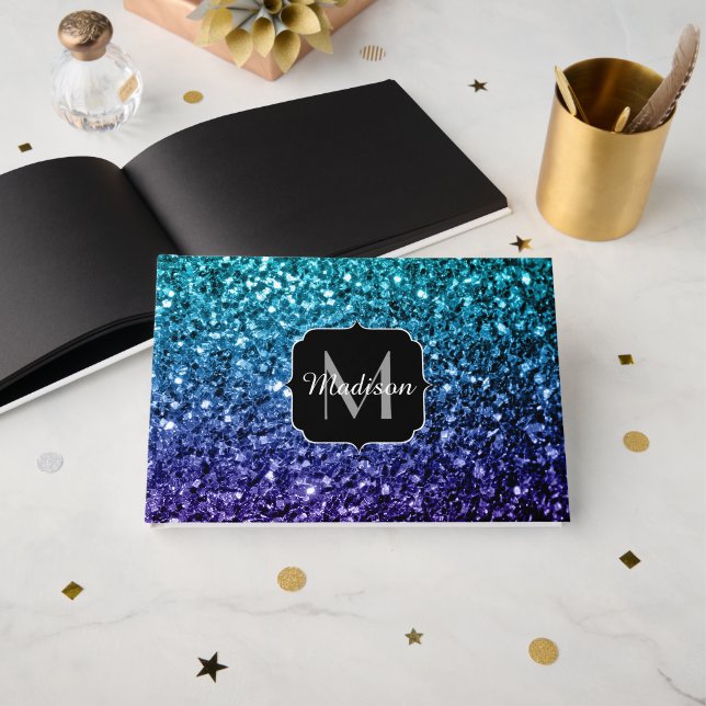 Vattenblått Ombre faux glitter sparkles Monogram Gästböcker (Framsida öppen)
