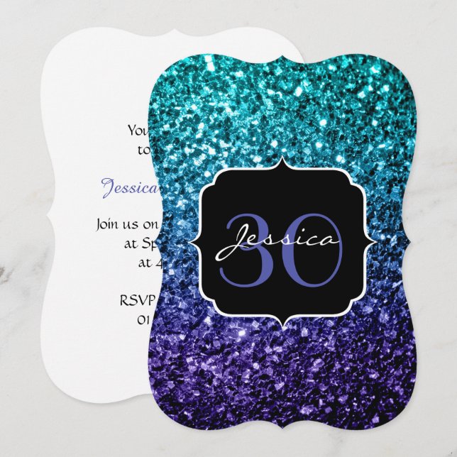 Vattenblått Ombre faux glitter sparkles Monogram Inbjudningar (Fram/baksida)