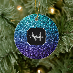 Vattenblått Ombre faux glitter sparkles Monogram Julgransprydnad Keramik