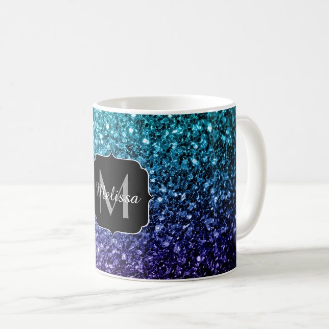 Vattenblått Ombre faux glitter sparkles Monogram Kaffemugg (Framsida höger)
