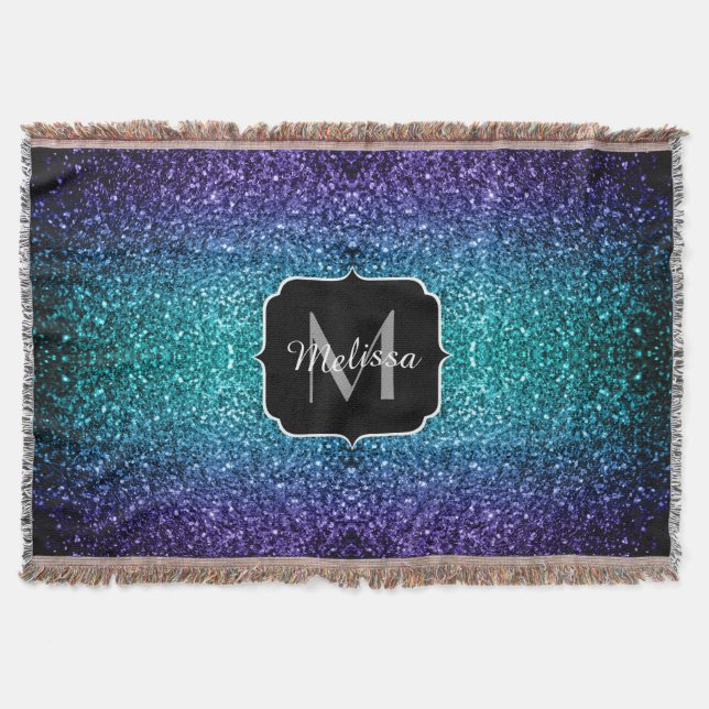 Vattenblått Ombre faux glitter sparkles Monogram Mysfilt (Framsidan)