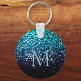 Vattenblått Ombre faux glitter sparkles Monogram Nyckelring