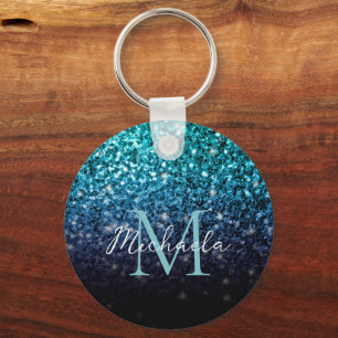 Vattenblått Ombre faux glitter sparkles Monogram Nyckelring