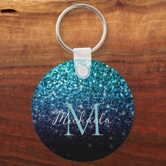 Vattenblått Ombre faux glitter sparkles Monogram Nyckelring (Baksida)
