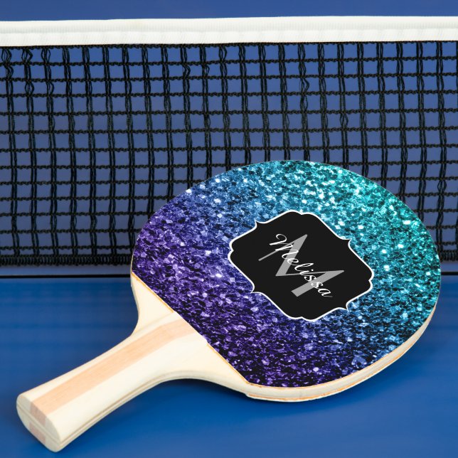 Vattenblått Ombre faux glitter sparkles Monogram Pingisracket (Insitu)