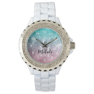 Vattenblått Rosa ombre sea galaxy abstrakt Monogra Armbandsur