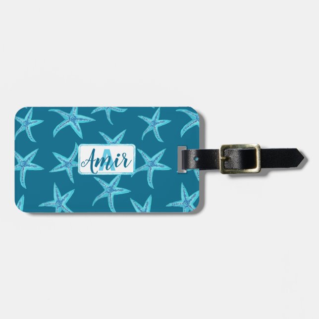 Vattenblått stjärtfenad vattenfärgad anpassningsba bagagebricka (Horisontell Framsida)