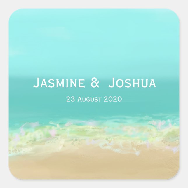 Vattenblått vatten/målad strandstrand fyrkantigt klistermärke (Framsida)