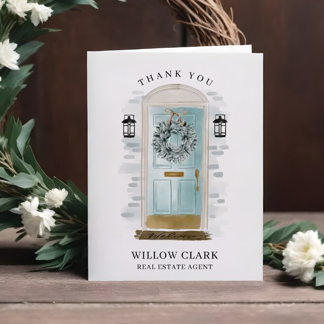 Vattenblått vattenfärgsfrämre Tack för dörr och kr Kort (Aqua Blue Watercolor Front Door & Wreath Thank You)
