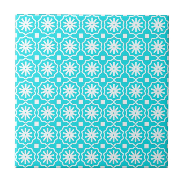 Vattenblått, vitt, modernt geometriskt blommönster kakelplatta (Framsidan)