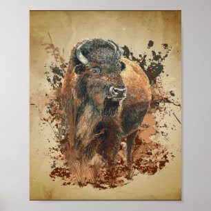 Vattencolor Bison Buffalo Animal Wildlife Natature Poster