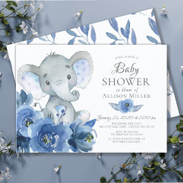 Vattencolor Blåa blommor Elephant Baby Shower Inbjudningar