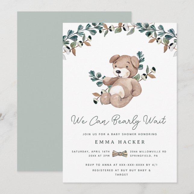Vattencolor Boho Nalle Greenery Baby Shower Inbjudningar (Fram/baksida)