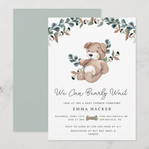 Vattencolor Boho Nalle Greenery Baby Shower Inbjudningar