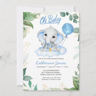 Vattencolor Boys Elephant Baby Shower Inbjudningar