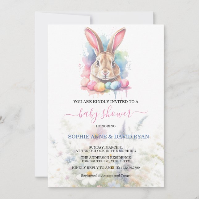 Vattencolor Bunny Eggs Wildblomme Baby Shower Inbjudningar (Framsida)