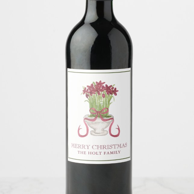 Vattencolor Burgundy Amaryllis jul Vinflaska Etikett (Skapare uppladdad)
