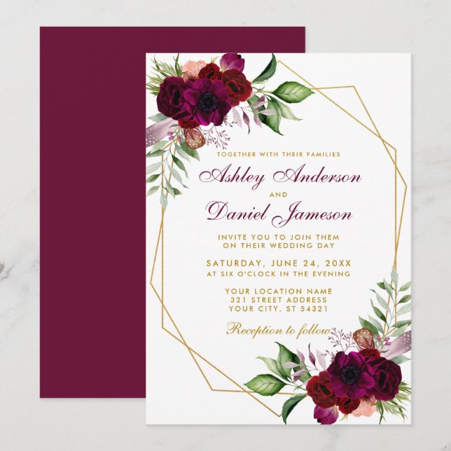Vattencolor Burgundy Blommigt Boho Guld Ram Bröllo Inbjudningar (Fram/baksida)