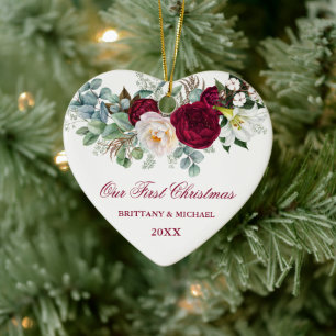 Vattencolor Burgundy Blommigt Greenery Heart par Julgransprydnad Keramik