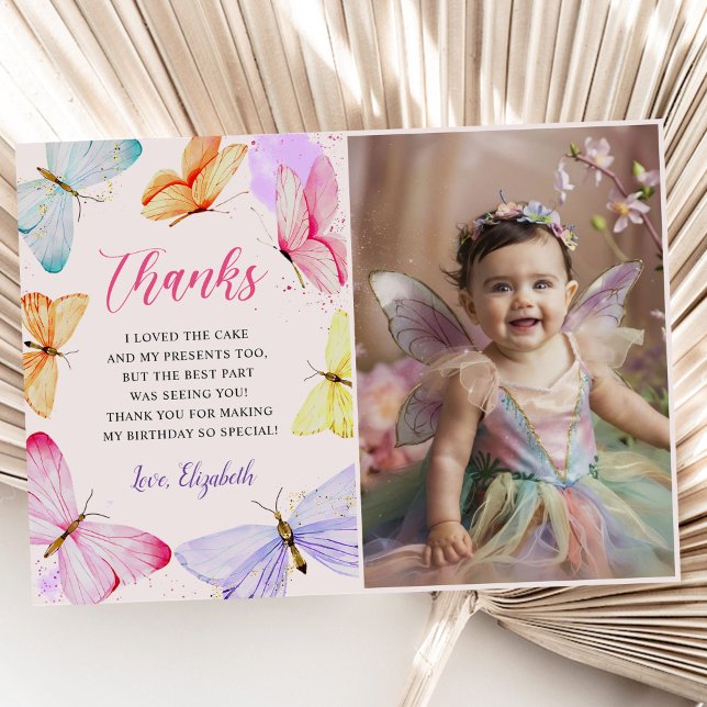 Vattencolor Butterfly Girl Birthday Photo Tack Kort (Skapare uppladdad)
