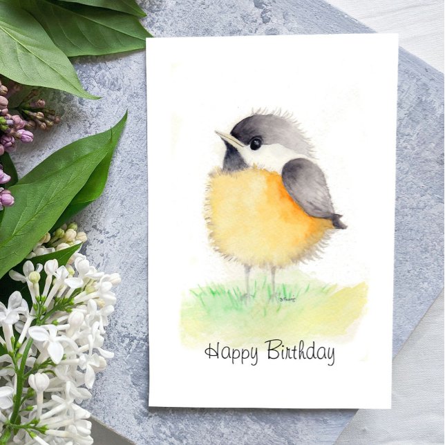 Vattencolor Chickadee Birthday Card Kort (Skapare uppladdad)