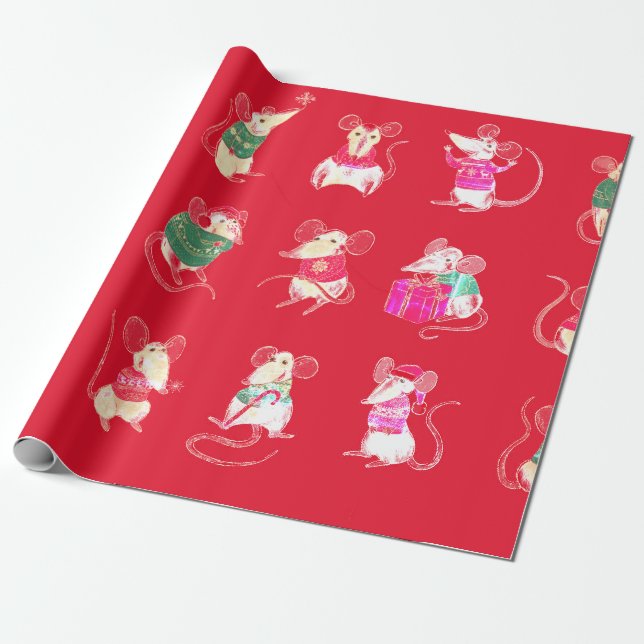 VATTENCOLOR CHRISTMAS MOUSE GIFT WRAPPING PRESENTPAPPER (Utrullad)