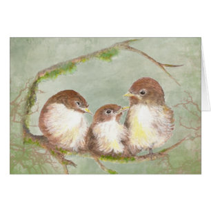 Vattencolor Cuddling Sparrow Bird Family Hälsningskort
