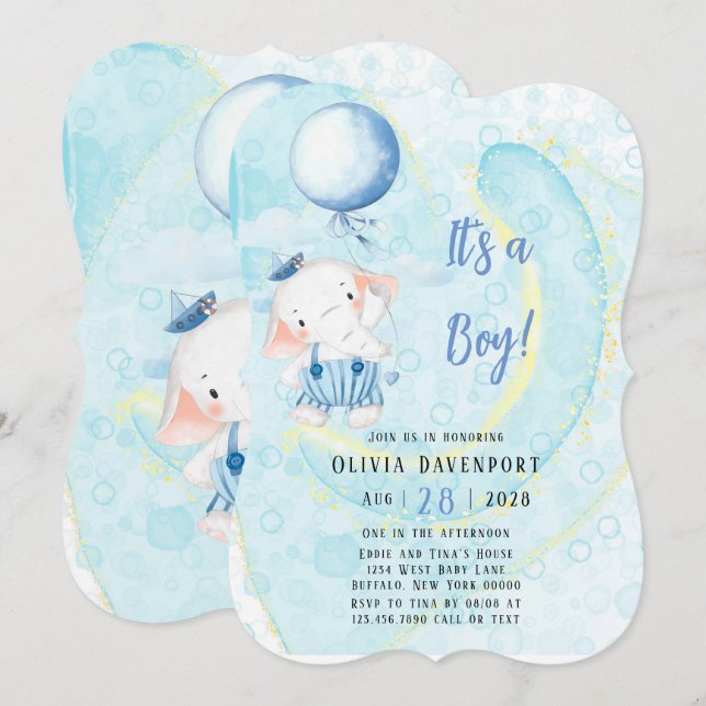Vattencolor Cute Elephant Nautical Boy Shower Inbjudningar (Fram/baksida)