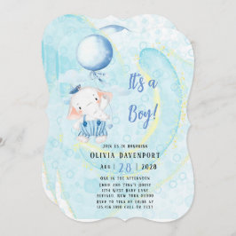 Vattencolor Cute Elephant Nautical Boy Shower Inbjudningar