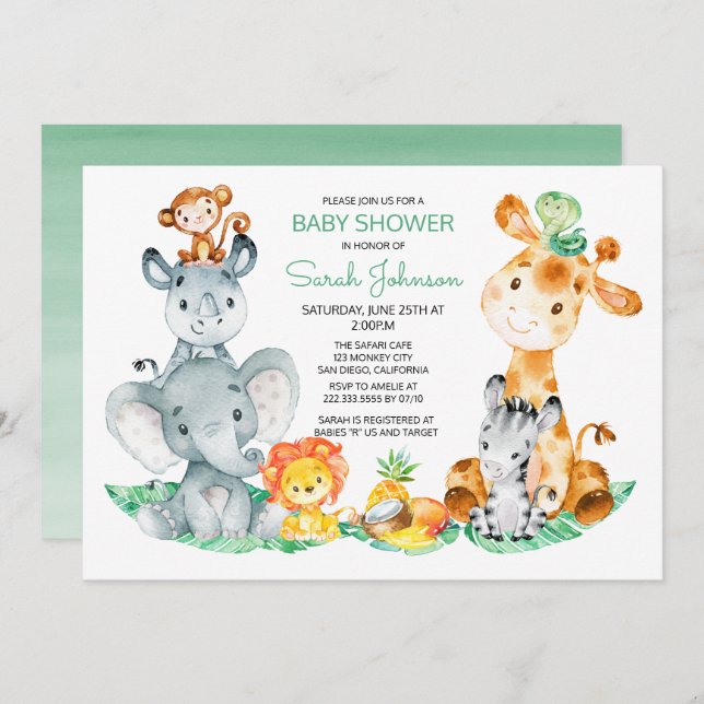 Vattencolor Cute Safari Jungle Baby Shower Inbjudningar (Fram/baksida)