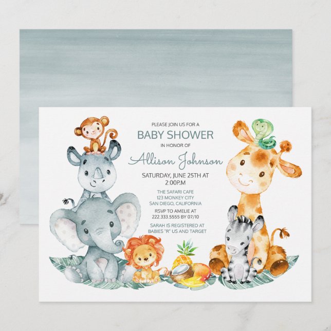Vattencolor Cute Safari Jungle Baby Shower Inbjudningar (Fram/baksida)