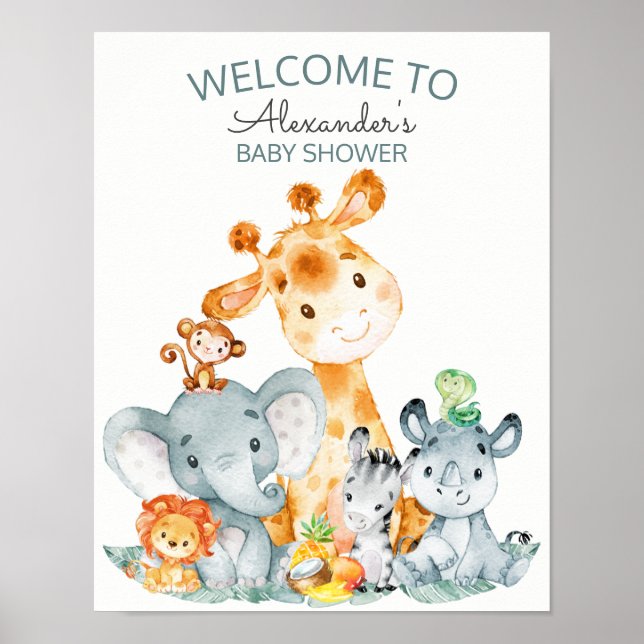 Vattencolor Cute Safari Jungle Baby Shower Poster (Framsidan)