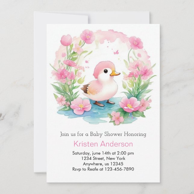 Vattencolor Duckling Rosa Girl Baby Shower Inbjudningar (Framsida)