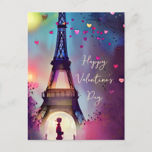 Vattencolor Eiffel torn valentine Helg Vykort (Framsida)
