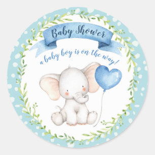 Vattencolor Elephant Baby Shower, Boy, STICKER Runt Klistermärke
