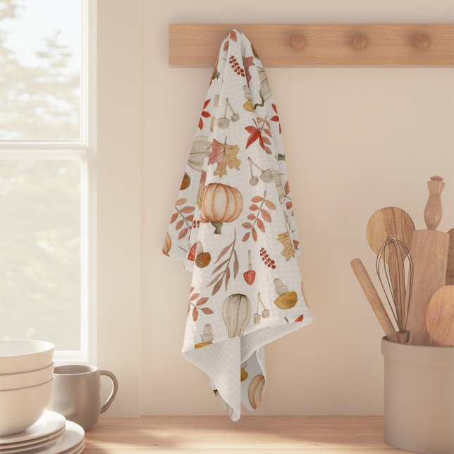 Vattencolor Fall Höst löv Mushroom Pumpkin Kökshandduk (Watercolor Fall Autumn Leaves Mushroom Pumpkin Kitchen Towel)