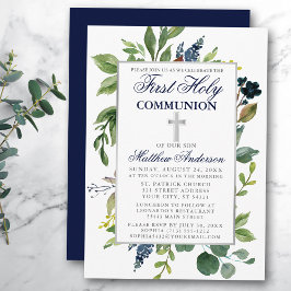 Vattencolor Greenery First Heliga Communion Blue Inbjudningar