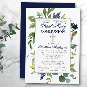 Vattencolor Greenery First Heliga Communion Blue Inbjudningar