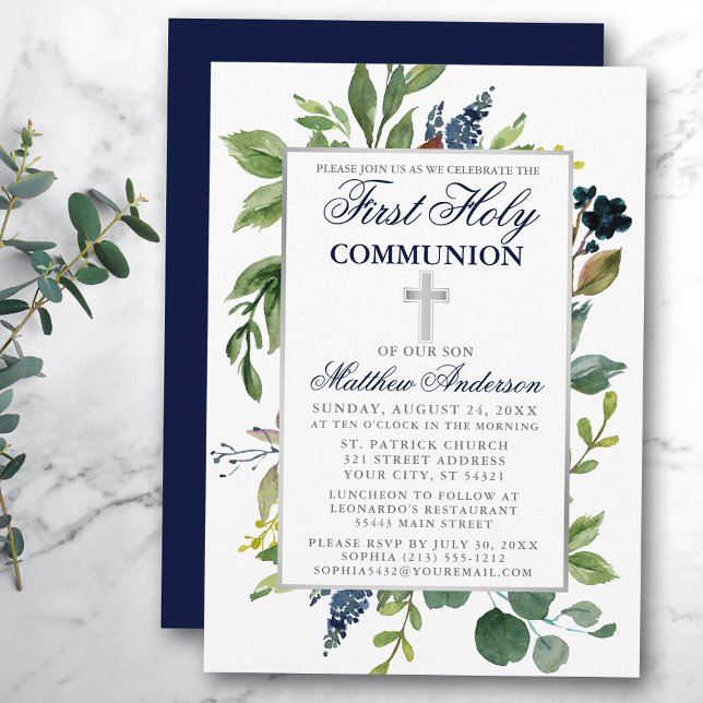 Vattencolor Greenery First Heliga Communion Blue Inbjudningar (Customize to change text color,  size, style or to change color of back of card.)