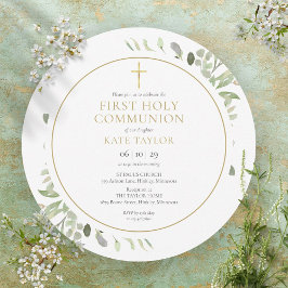 Vattencolor Greenery First Heliga Communion Circul Inbjudningar